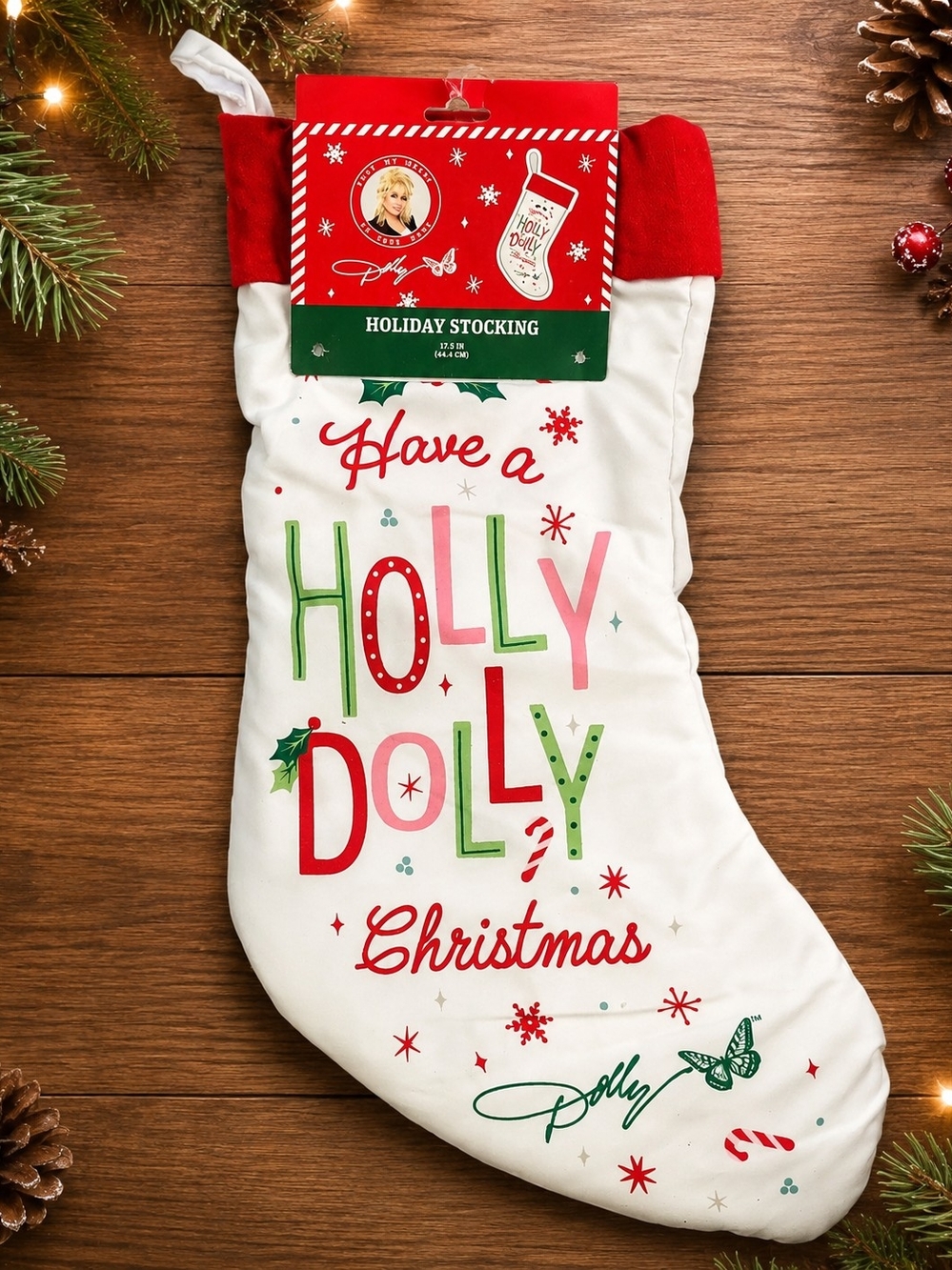 Dolly Parton White, Red, Green and Pink 'Have a Holly Jolly' Holiday Stocking